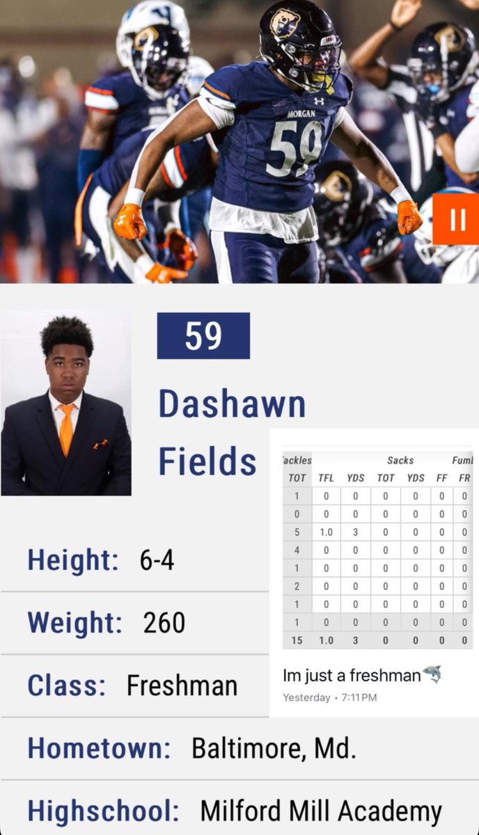 DLINE True Freshman loading into my sophomore year ending last season with 16 tackles 2 forced fumbles bright future ahead of me.🔵🟠#morganstate #AGTG #HomeTownHero #justakidfrombaltimore