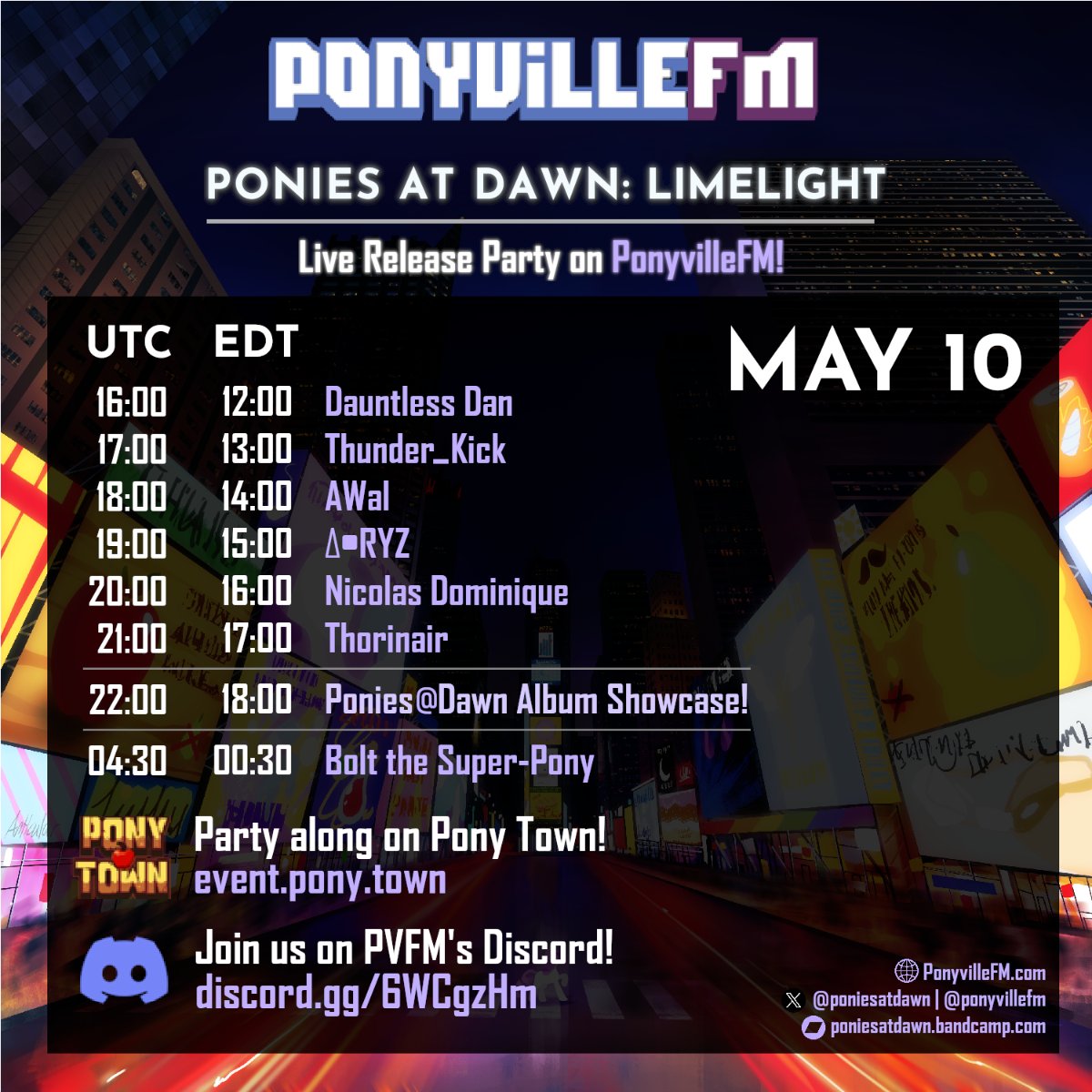 The schedule for our release party on May 10/11 is here! The album showcase will be hosted by <a href="/LycanDeseBeats/">Lycan</a> and <a href="/DijitGuy/">Taran Twomey (Dijit | DJT)</a> on <a href="/PonyvilleFM/">PonyvilleFM</a> and <a href="/ponytownteam/">Pony Town</a>, you can tune in on PVFM1 or hop into Pony Town's event server. There will also be some awesome DJ sets before and after~