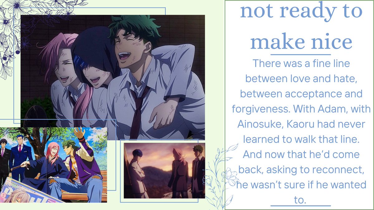 For <a href="/sk8cherryzine/">Cherry Bomb!: A Kaoru Sakurayashiki Zine</a>, I wanted to try to help the trio reconcile (if Adam doesn't make it impossible)
🛹Kaoru is not happy that Ainosuke is back in town
🛹3k exes, hurt/comfort, drama
🛹Kojiro seems willing to forgive, but Kaoru's unable to move forward just yet
