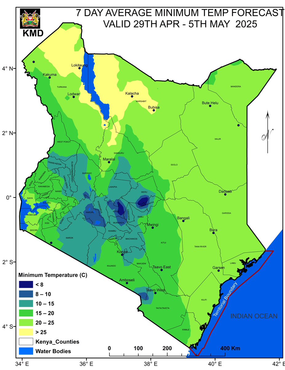 Weather Outlook for 29 April – 5 May 2025
•A general reduction in rainfall is expected this week, with showers likely over a few parts of the country.
•☀️ Average daytime (maximum) temperatures above 30°C will prevail in the Coast, North-eastern, North-western Kenya, isolated