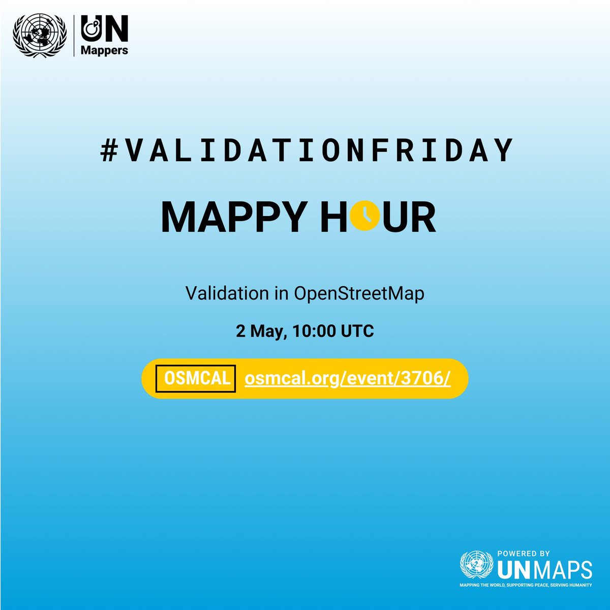 UN_Mappers's tweet photo. Join us again for another #ValidationFriday Mappy Hour where we will share and discuss best practices, tips & challenges when verifying in #openstreetmap ๐คโ
See you this Friday, 2 May at 10:00 UTC! ๐บ
OSMCal with room link ๐ป https://t.co/QUB3KK7aJU
#UNMappers #UNMaps https://t.co/EgVM7JExWF