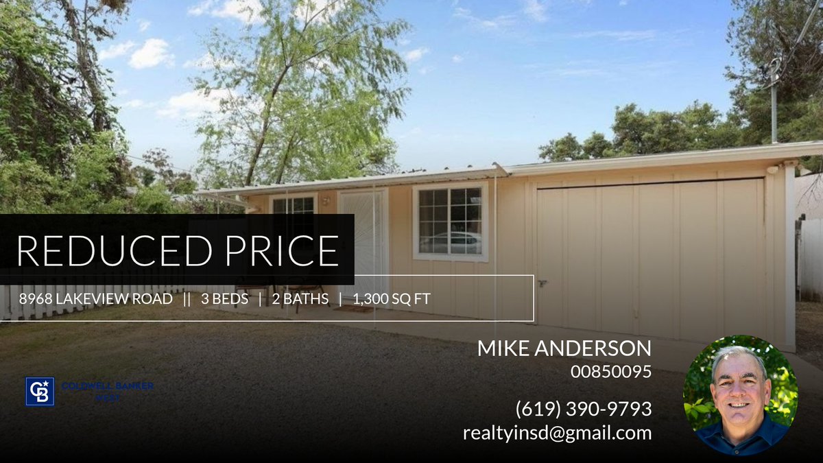 Mikerealtyinsd's tweet photo. 📍 Reduced Price 📍 This recently reduced home at 8968 Lakeview Road in Lakeside won't last long, so, don't wait to set up a showing! Reach out here or at (619) 390-9793 for more information!

Mike Anderson, Realtor® 
SFR, ABR
DRE ... https://t.co/DWq8Y0I3Y4 https://t.co/y7vDXn1Scd