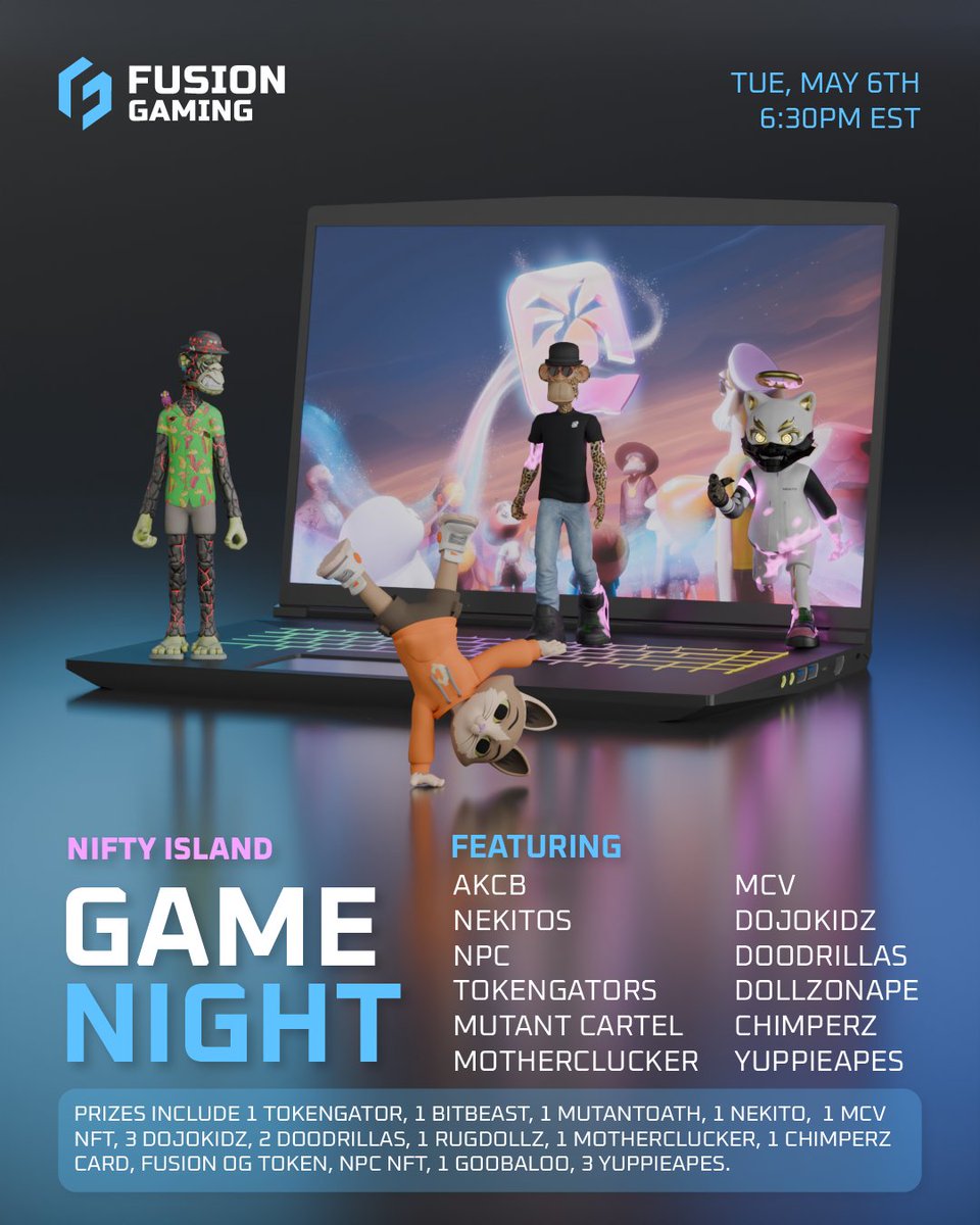 WE ARE BACK STRONGER THAN EVER

MARK YOUR CALENDARS

Join us for Our Large scale Gamenight on the 7th May @ 6:30pm EST on <a href="/niftyisland/"></a>

In Collaboration with:
<a href="/akidcalledbeast/">a KID called BEAST</a> <a href="/mutant_cartel/">Mutant Cartel World</a> <a href="/TokenGators/">TokenGators 🐊</a> <a href="/NekitoNFT/">NEKITO</a> <a href="/Dojo_Kidz/">Dojo Kidz</a> <a href="/notapunkscult/">Not a Punks Cult 🥸</a> <a href="/MarsCatsVoyage/">Mars Cats Voyage</a> <a href="/Doodrillas/">Doodrillas</a>