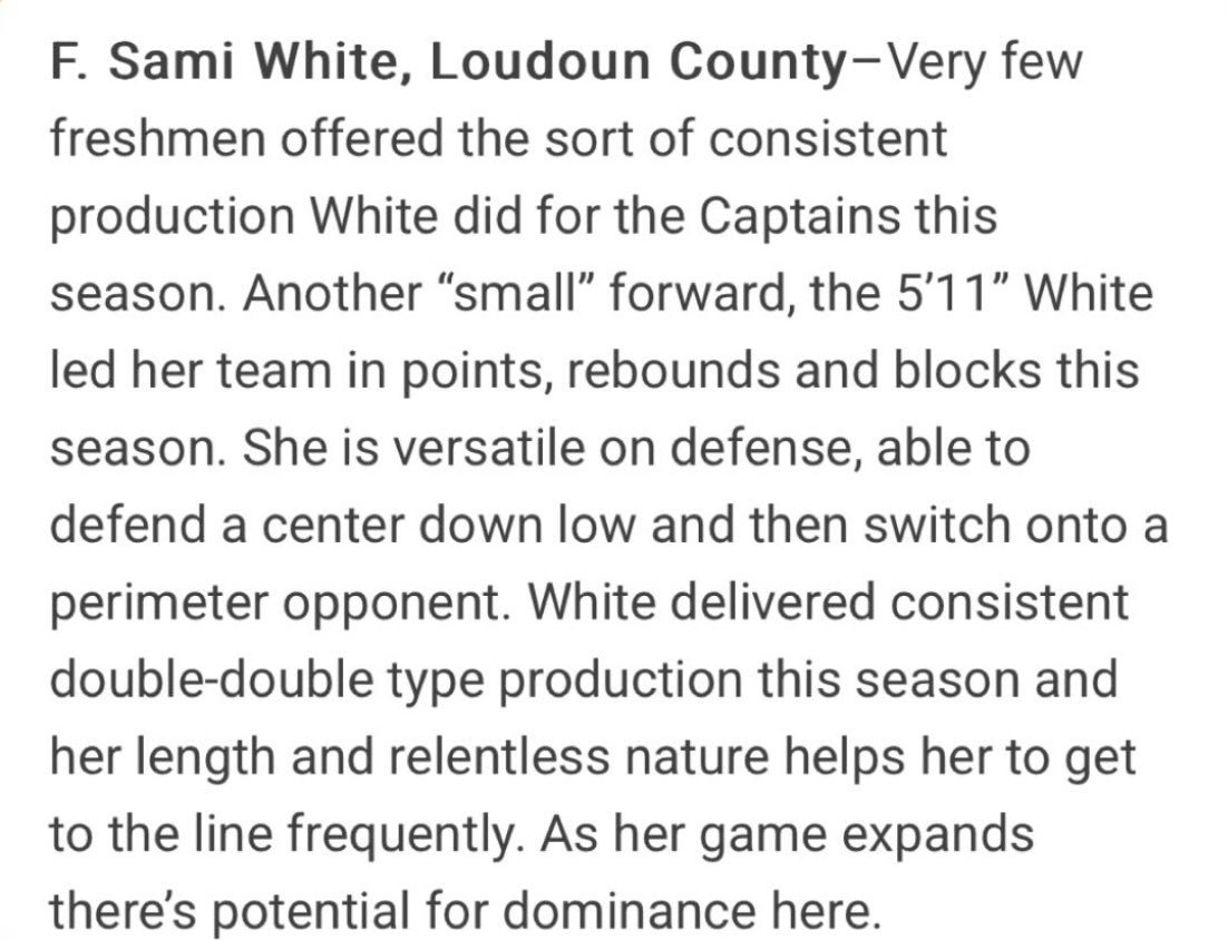 Sami White (@samiwhite2028) on Twitter photo Thank you for the recognition <a href="/novahoopsCom/">Novahoops.com</a> !!
<a href="/CaptainsGBBall/">LCHS Girls Basketball</a>
<a href="/loudounflexxgbb/">Loudoun FLEXX Girls Basketball</a> Thank you for the recognition <a href="/novahoopsCom/">Novahoops.com</a> !!
<a href="/CaptainsGBBall/">LCHS Girls Basketball</a>
<a href="/loudounflexxgbb/">Loudoun FLEXX Girls Basketball</a>