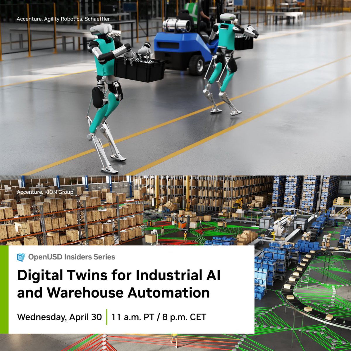 .<a href="/Accenture/">Accenture</a>  is reimagining warehouse automation with the Mega #NVIDIAOmniverse Blueprint and #OpenUSD-powered #DigitalTwins.

Add this week’s stream to your calendar ➡️ nvda.ws/4jYh2Lw