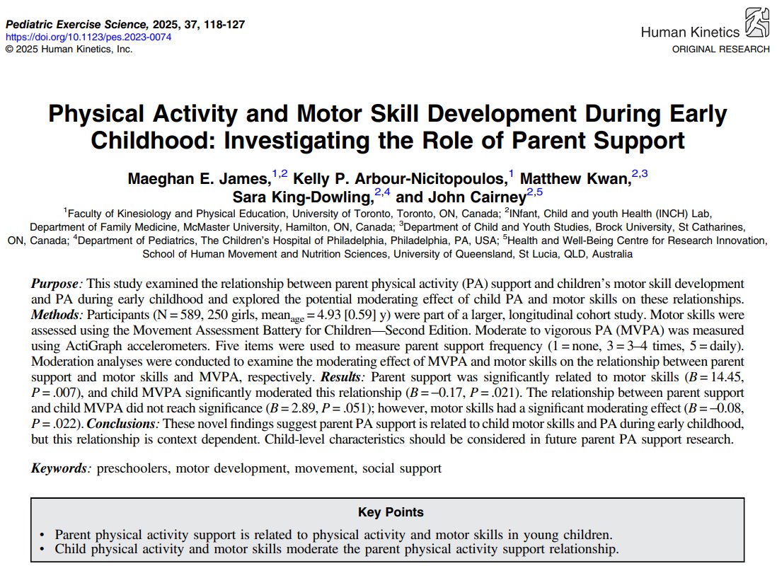 James et al. examined the relationship between parent physical activity (PA) support and children’s motor skill development and PA during early childhood and explored the potential moderating effect of child PA and motor skills on these relationships. DOI:
doi.org/10.1123/pes.20…