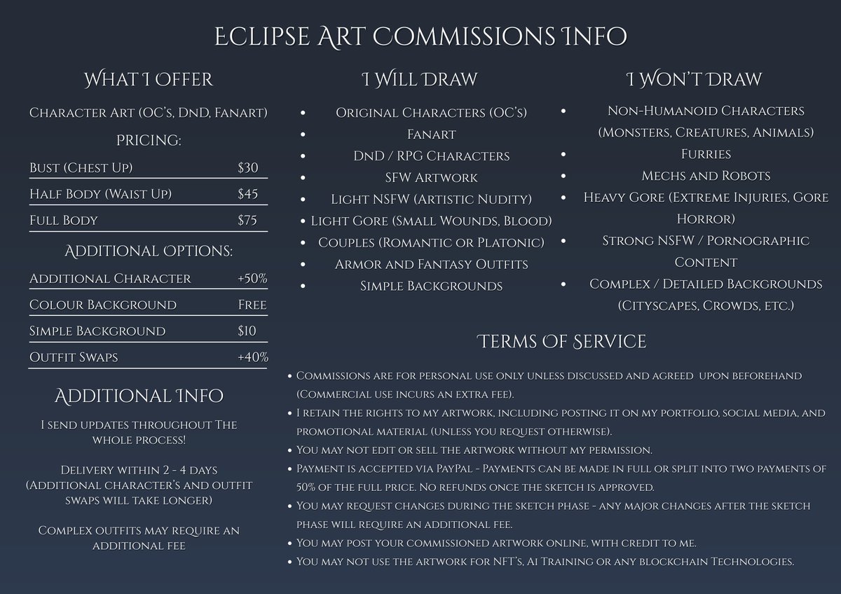 Eclipse4rt's tweet image. ✨ Commissions Open! ✨

Offering: Busts | Halfbodies | Fullbodies 🎨
(OCs, DnD characters, fanart, light NSFW)

Prices &amp;amp; ToS are in the images below!

✅ DM me to claim a slot.

💬 Feel free to ask any questions!

#commissionsopen #artcommission #artistforhire #occommission