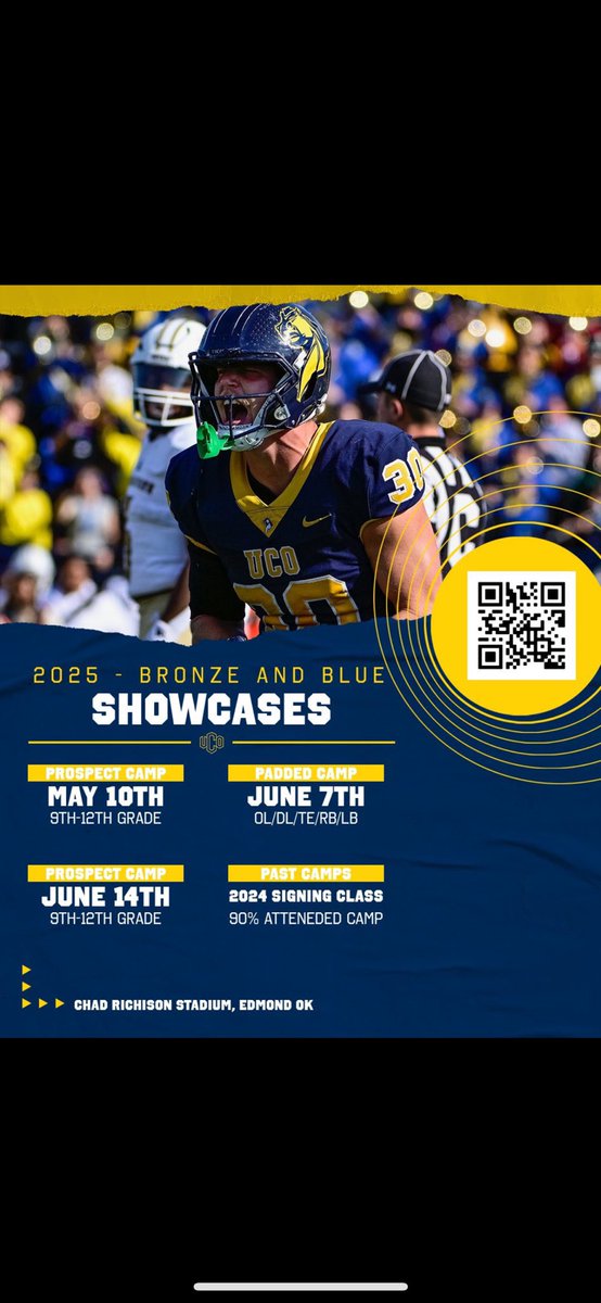 Thank you <a href="/ucobronchofb/">UCO Football</a> for the personal camp invite! I can’t wait to show what I can do! #RollChos 🔵🟡
<a href="/Pbriningstool/">Patrick Briningstool</a> <a href="/Coach_Curlee/">James Curlee</a> <a href="/Coach_TPearson/">Thomas Pearson</a>