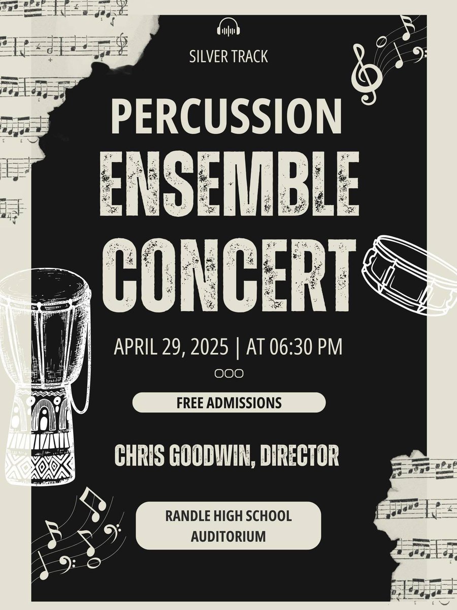 trhspva's tweet image. Join us for the Silver Track Percussion Studio's first Percussion Ensemble Concert 🥁
🗓️Tuesday, April 29 | 6:30 PM
Featuring students from Steenbergen, Wright, and Randle! 🖤🤍🩶
💲FREE admission!
@trhsband @RandleHS