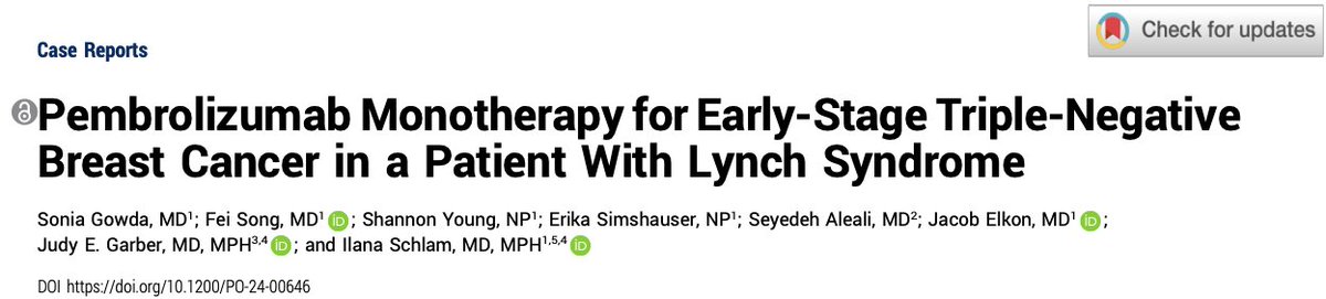 Ilana Schlam (@ilanaschlam) on Twitter photo Case report by Sonia Gowda from <a href="/TuftsMedicalCtr/">Tufts Medical Center</a>: A patient with TNBC and mCRC in the setting of Lynch syndrome had a sustained response to pembrolizumab monotherapy, highlighting how biomarkers can guide treatment in TNBC
<a href="/judygarber5/">judy garber</a> <a href="/DFCI_BreastOnc/">Dana-Farber’s Breast Oncology Center</a>
ascopubs.org/doi/pdfdirect/… Case report by Sonia Gowda from <a href="/TuftsMedicalCtr/">Tufts Medical Center</a>: A patient with TNBC and mCRC in the setting of Lynch syndrome had a sustained response to pembrolizumab monotherapy, highlighting how biomarkers can guide treatment in TNBC
<a href="/judygarber5/">judy garber</a> <a href="/DFCI_BreastOnc/">Dana-Farber’s Breast Oncology Center</a>
ascopubs.org/doi/pdfdirect/…