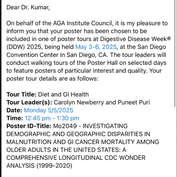 Rahul Kumar (@rbatra390) on Twitter photo Excited to present at #DDW2025! 🎉
🧠 Topic: Malnutrition & GI Cancer Disparities
🗓️ Monday, May 5 | 🕐 12:45–1:30 PM
⭐ FEATURED in the Diet & GI Health Poster Tour! ⭐
🆔 Poster #: Mo2049
Thanks to <a href="/vikashkumaa/">Vikash Kumar, MD</a> <a href="/FnuVikash/">Fnu Vikash, MD</a> <a href="/AvinashNankani1/">Avinash Nankani</a> for the support!
Stop by and say hi👋 Excited to present at #DDW2025! 🎉
🧠 Topic: Malnutrition & GI Cancer Disparities
🗓️ Monday, May 5 | 🕐 12:45–1:30 PM
⭐ FEATURED in the Diet & GI Health Poster Tour! ⭐
🆔 Poster #: Mo2049
Thanks to <a href="/vikashkumaa/">Vikash Kumar, MD</a> <a href="/FnuVikash/">Fnu Vikash, MD</a> <a href="/AvinashNankani1/">Avinash Nankani</a> for the support!
Stop by and say hi👋