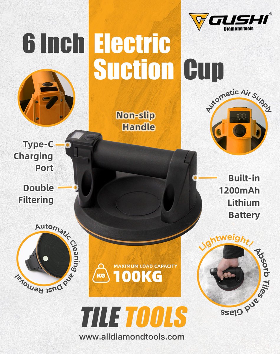 ToolsGushi's tweet image. 6&quot; Electric Suction Cup: Boost Your Sales! 💪

Effortlessly lift up to 100kg on tiles/glass! 🌟
✅ Built-in 1200mAh battery (Type-C charging!) for all-day power.
Small. Strong. Smart. Secure.
Learn more about us: linktr.ee/GUSHITools
#tiletools #tilingtools #suctioncup