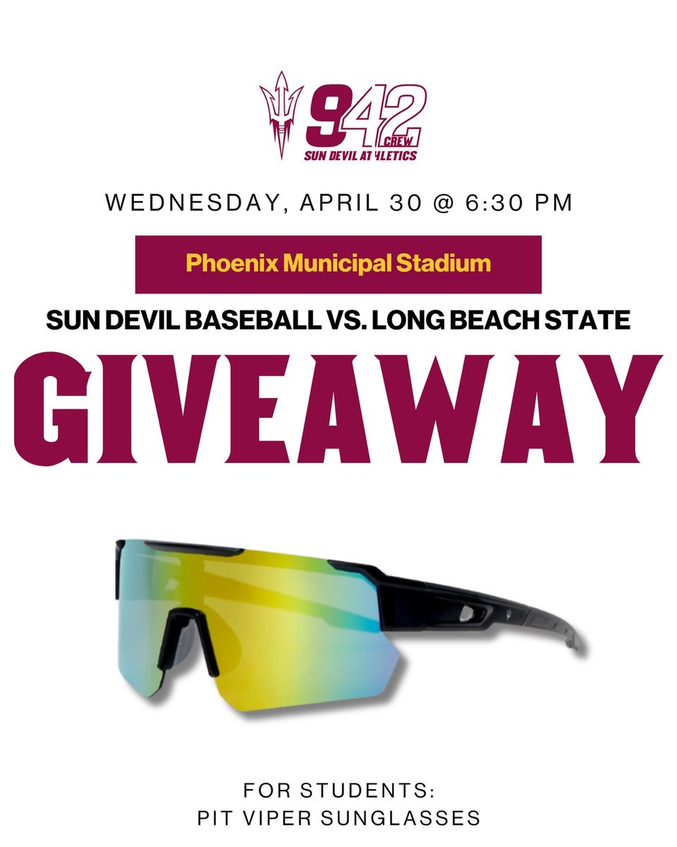 942 Crew (@942crew) on Twitter photo LETβS FINISH THE SEMESTER STRONG! π±
Join us on Wednesday as <a href="/ASU_Baseball/">Sun Devil Baseball</a> takes on Long Beach State at 6:30 PM!
Weβll be giving away pit viper sunglasses to students at the game while they last!
Claim your student tickets on the SDA app! π²ποΈ LETβS FINISH THE SEMESTER STRONG! π±
Join us on Wednesday as <a href="/ASU_Baseball/">Sun Devil Baseball</a> takes on Long Beach State at 6:30 PM!
Weβll be giving away pit viper sunglasses to students at the game while they last!
Claim your student tickets on the SDA app! π²ποΈ