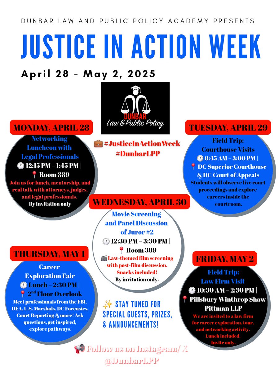 I'm excited for this week's activities! I've worked hard for the past few months, and this week will showcase my efforts. Today's networking luncheon was a huge success in many ways. Tomorrow, we get to see real cases and meet the judge afterward—all in honor of Law Day, May 1.