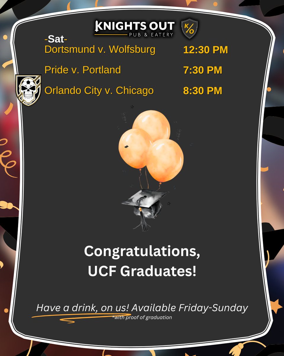 Congrats, UCF Graduates!

➡Come get a FREE drink (on us!!) this weekend after you've moved your tassle. 

Show us proof of your graduation and we'll happily pour you a celebratory beer, glass of wine, champagne, or anything else you see behind the bar!

You've earned it 🎓🔥