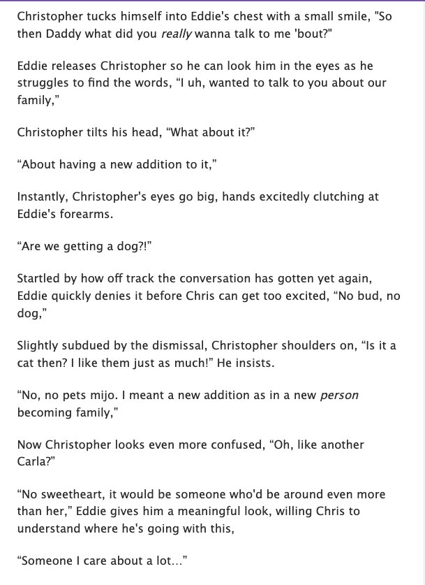 crieswangxian's tweet image. 📢UPDATE CHAPTER 19📢
🚒 right back where we started from
🚒eddie diaz (top) x evan "buck" buckley (bottom)
🚒 ongoing (19/24 chapters, 91 k so far)
🚒mpreg, different 1st meeting, fluff & angst, hurt/comfort, slow burn
#buddie
link below ⬇️