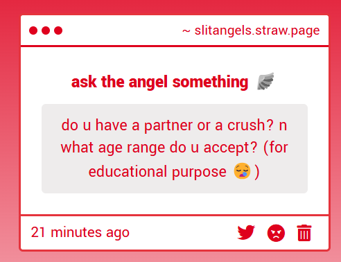 me being a system makes thing complicated ,, but /i/ myself as an individual do not have a crush nor partner. i go for 14-16 since i am 15 ^.^ ,,,,

🪽 slitangels.straw.page
