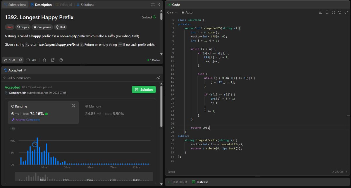 jsambhav5's tweet image. #Day209 of #250DaysOfDSA
Topics and Learnings: #KMPAlgorithm, #String
Problem Solved:
179. #LeetCode #1392 : Longest Happy Prefix
Approach:
Used Knuth–Morris–Pratt algorithm to solve this
Complexity Analysis:
TC: O(N)
SC: O(N)