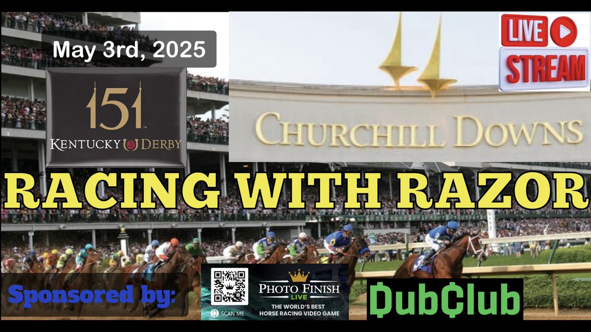 Racing with Razor WILL BE LIVE for the 151st Kentucky Derby!

10:30am Saturday May 3rd!

Join us on stream or in the chat!

LIVE Horse Racing Kentucky Derby Churchill Downs, Gulfstream Park, Oaklawn Park and more!

Kick: Kick.com/RazorSharppicks

YouTube: youtube.com/live/k5faEj9w2…