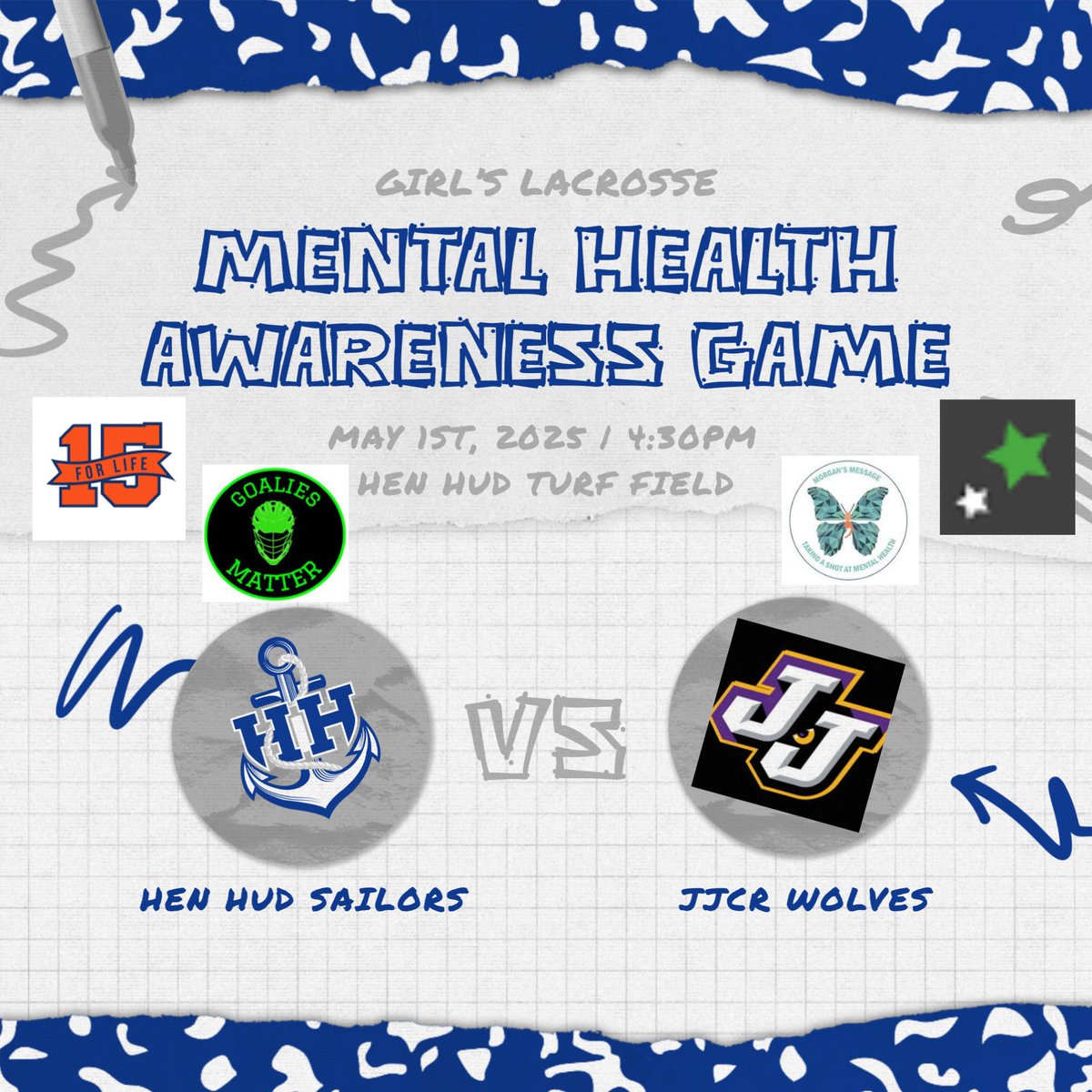 <a href="/HenHudLax/">Hen Hud GLAX</a> is hosting <a href="/JJCRVGLax/">John Jay Girls Lacrosse</a>
on Thu, May 1st in a Mental Health Matchup. Come &amp; watch a great game &amp; support some amazing foundations that aim to reduce the stigma around Mental Health <a href="/15forlifeorg/">15 For Life</a> <a href="/theharrispro/">the harris project</a> <a href="/MorgansMessage/">Morgan's Message</a> GoaliesMatter.net
<a href="/HenHudAthletics/">Hen Hud Athletics</a>