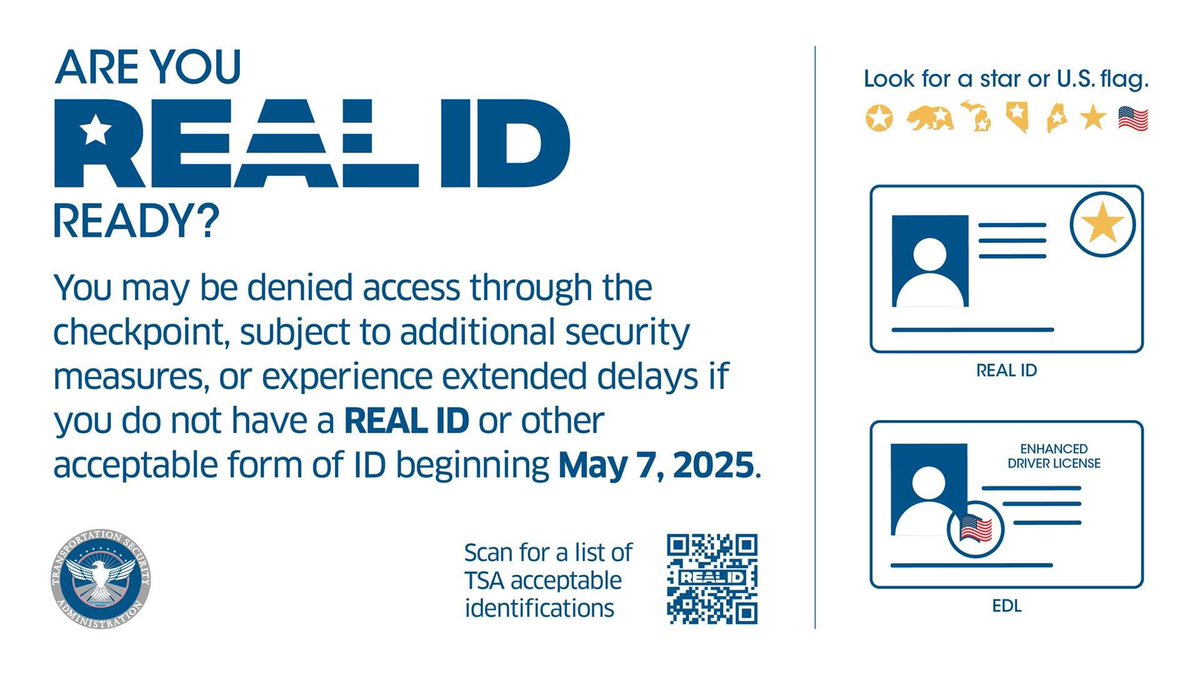 Know someone who still doesn’t have a REAL ID? Share this with them, it’s not too late!
The deadline to be #REALIDready is May 7, 2025. ✈️

Read our full press release here: dot.alaska.gov/anc/passengers…

Learn more at tsa.gov/real-id.