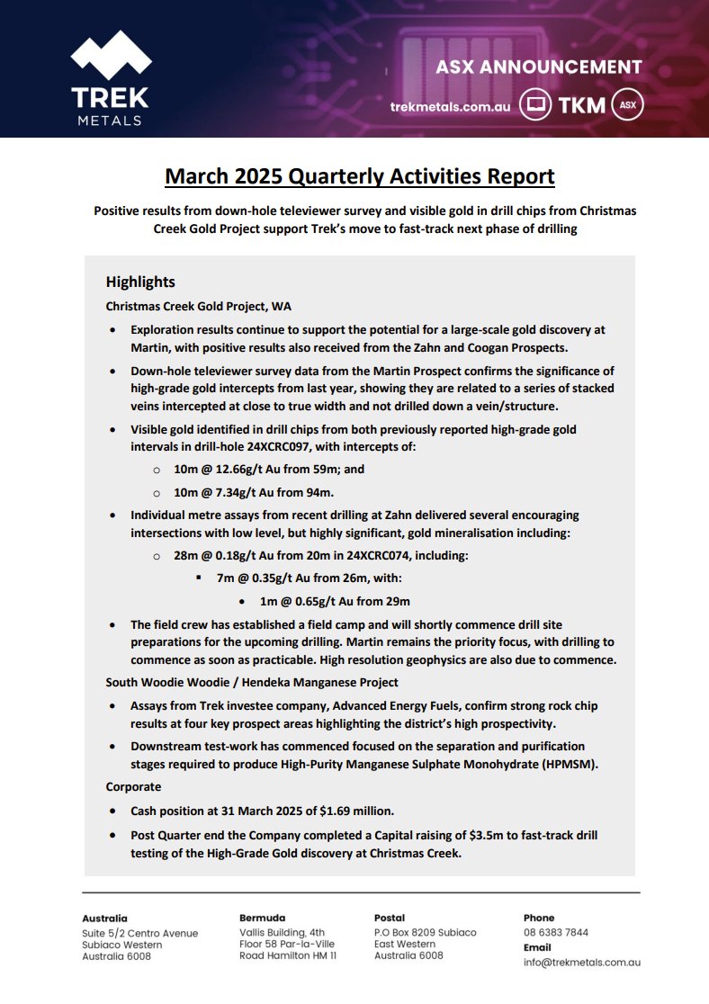 Trek Metals is pleased to release its March 2025 Quarterly Activities Report.

Read the full report here: ow.ly/cCQw50VJlRE

$TKM #gold #exploration #WA #ASX