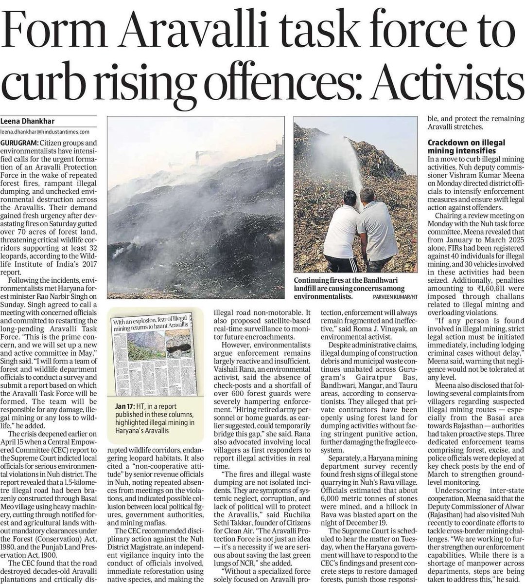 leenadhankhar's tweet photo. Aravallis under siege! Rampant fires, illegal dumping, #mining mafias — the #lungs of NCR are gasping for survival. Over 70 acres of forestgutted in one day alone, endangering the habitat of 32 #leopards and countless species. Citizen groups and #environmentalists are demanding the immediate formation of an #Aravalli Protection Force to save our forests before it's too late.
A damning report to the Supreme Court exposes illegal road construction, official negligence, and possible collusion with mining -#mafias in #Nuh. Decades-old plantations and wildlife corridors have been ravaged.
After repeated alarms, Haryana Forest Minister Rao Narbir Singh has committed to restarting the long-pending Aravalli Task Force in May. Action must follow words — before we lose our last green shield.
#SaveAravallis #AravalliProtectionForce #EnvironmentCrisis #ForestFire #IllegalMining #SaveLeopards #GreenGurgaon #Gurugram #Faridabad #ProtectNature #MiningMafia #ForestConservation #NuhViolations #WildlifeCorridor #ClimateEmergency #SustainableFuture #AravalliSOS #CitizenAction

Blazes, illegal mining spark fresh concerns for Aravallis in Gurugram-Faridabad
https://t.co/MIp0HCzeEo