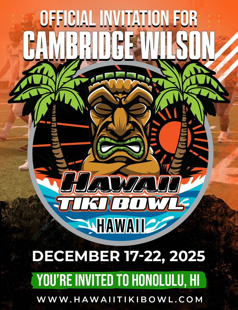 Cam Wilson (@camwilson324) on Twitter photo Humbled & Honored! 🏈
I've been invited to play in the Hawaii Tiki Bowl in Honolulu, HI from December 17–22, 2025!
Position: DE/OL
Height: 6'1" | Weight: 245 lbs
GPA: 3.3
Squat: 375 lbs | Bench: 265 lbs
Hudl: hudl.com/profile/166502… Humbled & Honored! 🏈
I've been invited to play in the Hawaii Tiki Bowl in Honolulu, HI from December 17–22, 2025!
Position: DE/OL
Height: 6'1" | Weight: 245 lbs
GPA: 3.3
Squat: 375 lbs | Bench: 265 lbs
Hudl: hudl.com/profile/166502…