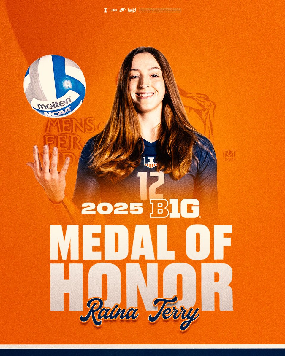 Illinois Athletics (@illiniathletics) on Twitter photo 🏆 2025 Female <a href="/bigten/">Big Ten Conference</a> Medal of Honor recipient
Raina Terry of @Illinivball 🔸🔹 🏆 2025 Female <a href="/bigten/">Big Ten Conference</a> Medal of Honor recipient
Raina Terry of @Illinivball 🔸🔹