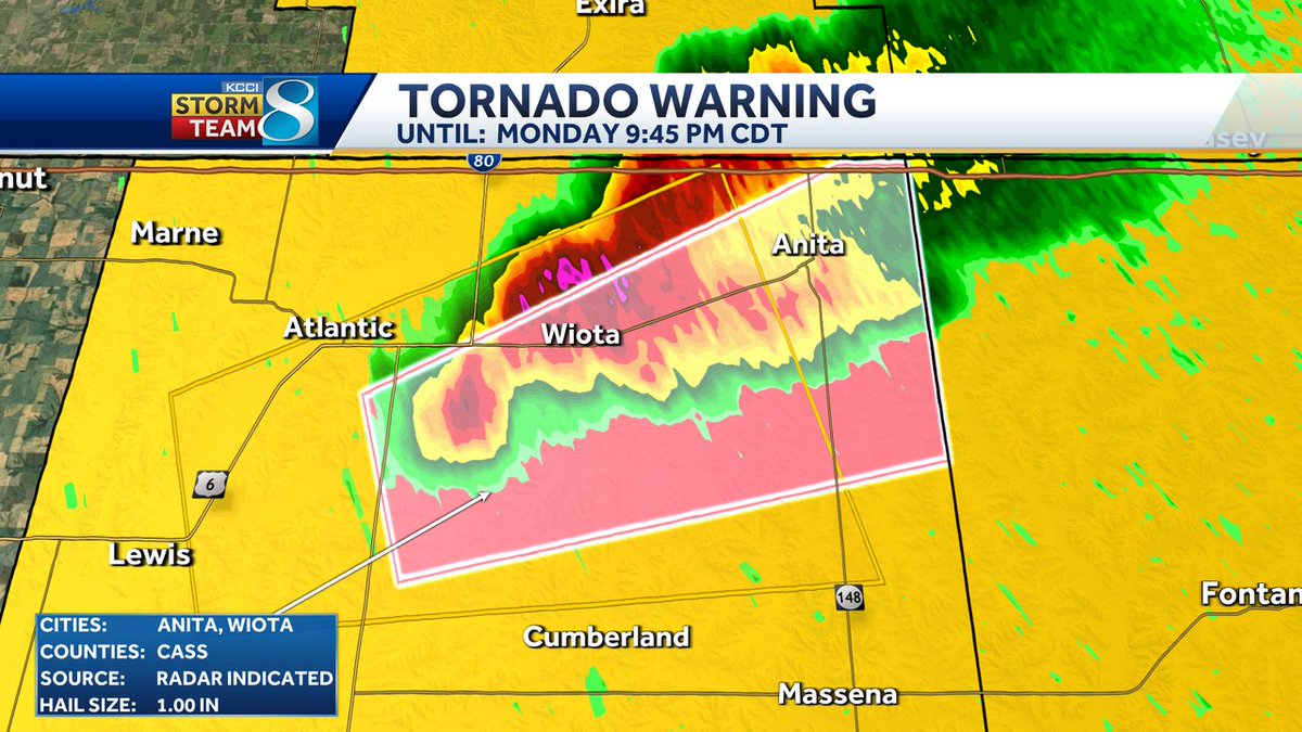A Tornado Warning has been issued for Cass until Apr 28 9:45PM. A tornado could develop with this storm at any time. Seek shelter immediately! Check KCCI for the latest information. #iawx