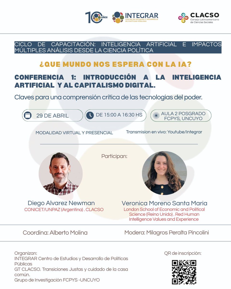 🥳EMPEZAMOS LA CELEBRACIÓN DE NUESTROS  #10AñosINTEGRAR 

¡Ciclo de Capacitación sobre IA y sus impactos en la Ciencia Política!

🗓️ Martes 29/4 
🕒 15:00 hs 
📍 Aula 2 FCPyS – UNCUYO y canal de YouTube/INTEGRAR

🔗 ¡Te esperamos! Inscribite acá: docs.google.com/forms/d/e/1FAI…
