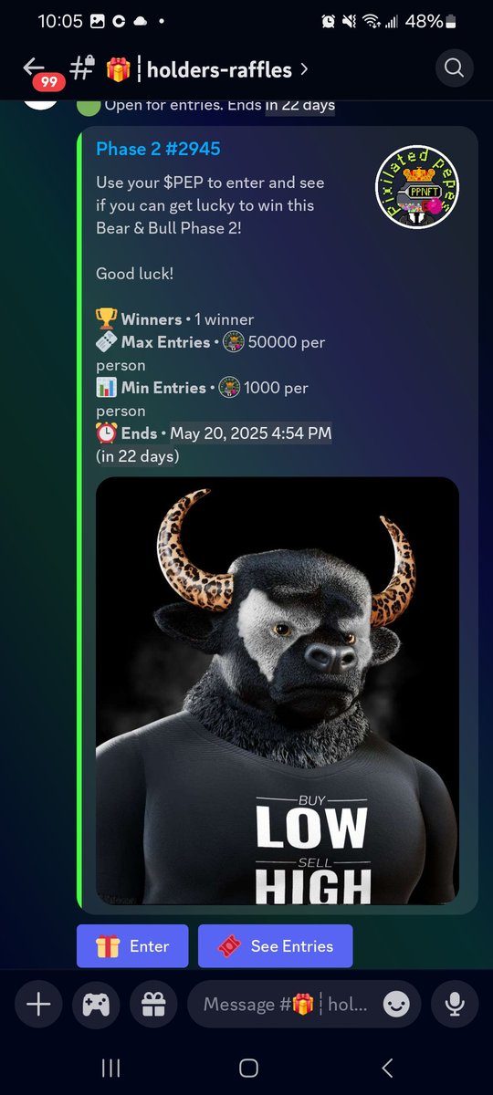 2 new Raffles up in PPNFT discord for the possibility of winning one of these 2 beautiful <a href="/bearandbullnft/">The Bear And Bull NFT</a> phase 2 NFTs!

One is holders only the others is open to the public only need some $PEP to be able to enter!