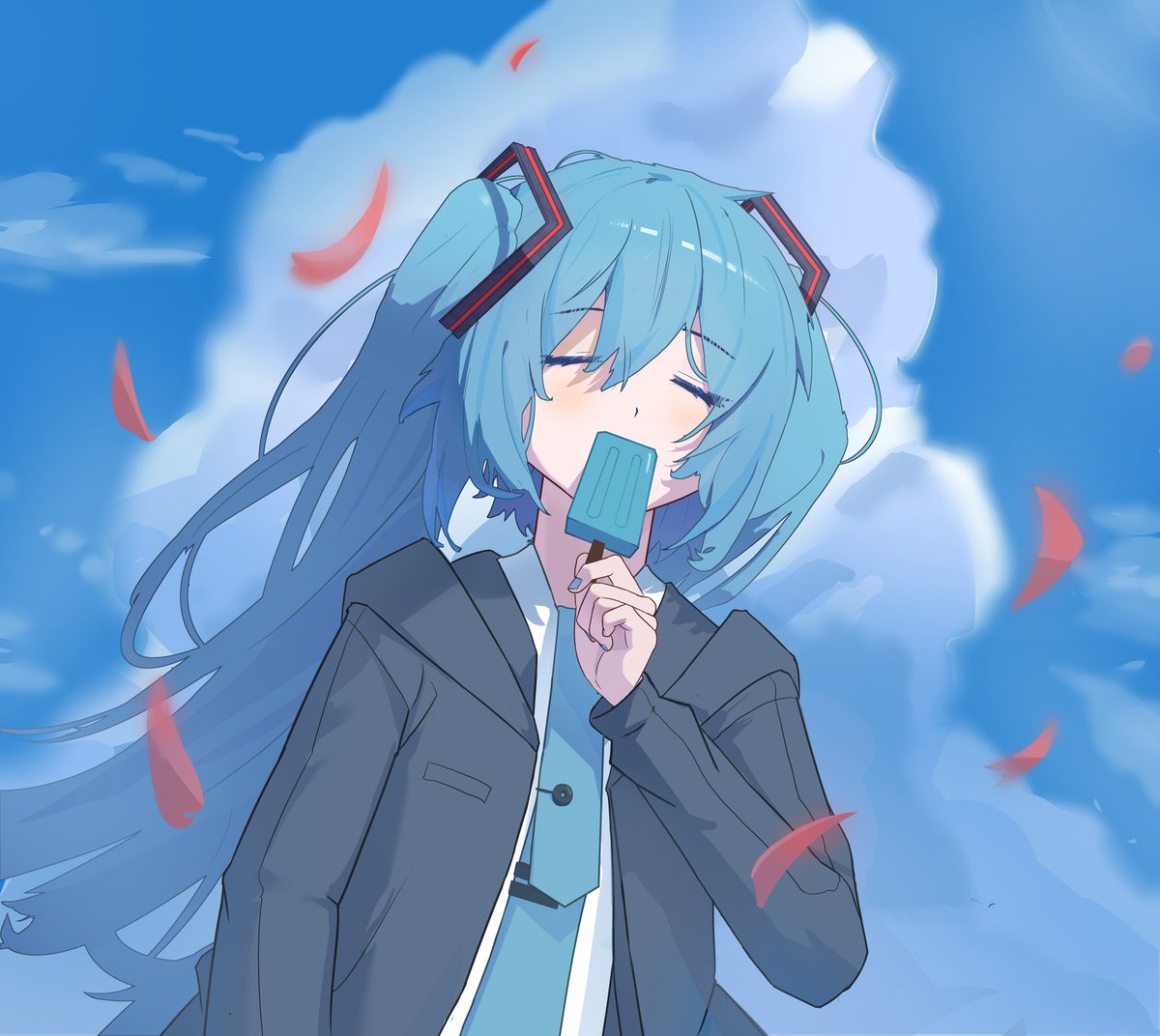 #初音ミク 
吃点冰淇淋吧
（这一张只是一张练习，但是绘画的目的是达到的，如果喜欢还请给个关注吧，我会继续创作的）