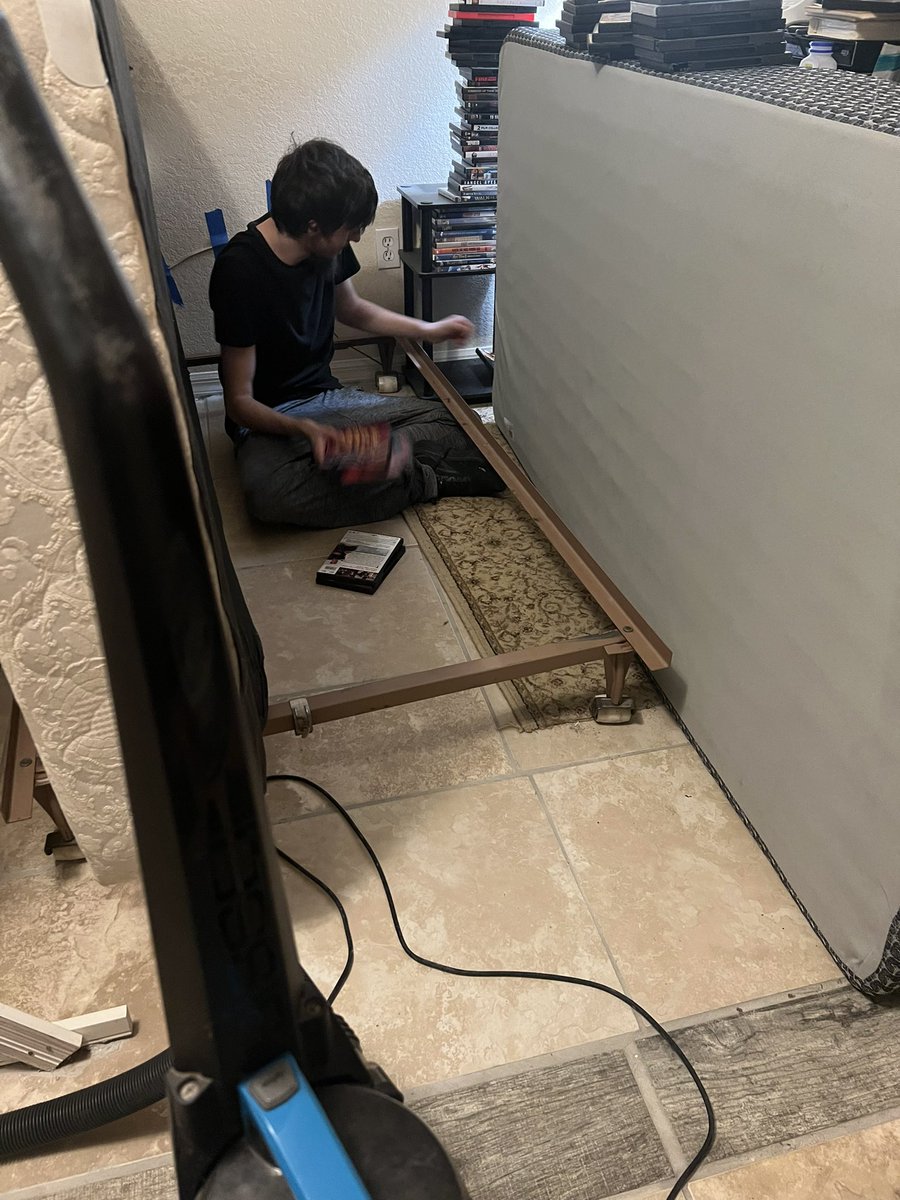 My 24 yr old son is actually cleaning his room. That includes vacuuming under the bed, vacuuming the mattress and boxspring, and organizing. My work here is done! Praise God!