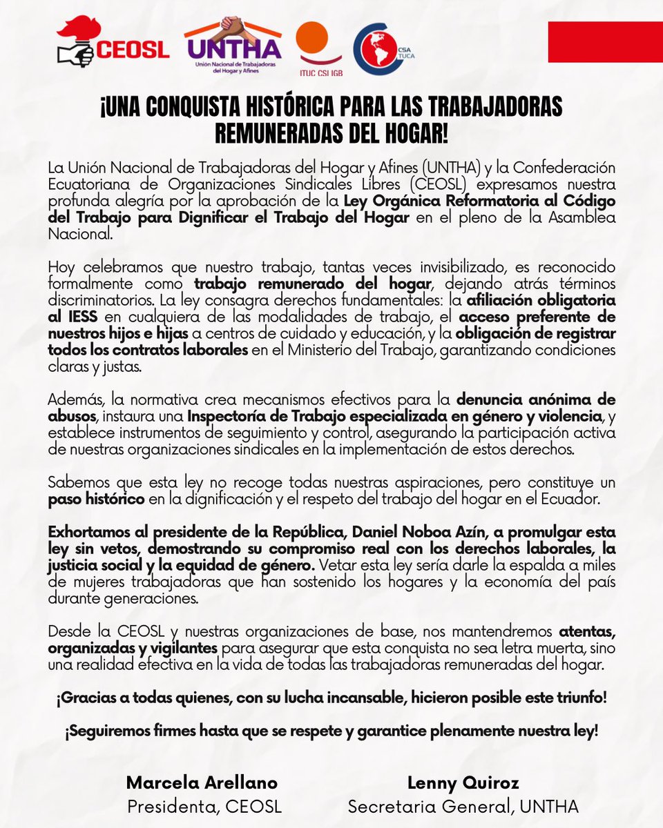 prensaceosl's tweet photo. ✊🚩¡Victoria histórica para las trabajadoras remuneradas del hogar!  
Hoy la Asamblea Nacional aprobó la Ley para Dignificar el Trabajo del Hogar.
Exigimos al presidente Daniel Noboa que no vete esta conquista.  
¡El trabajo del hogar es trabajo y merece derechos!  
Nos mantendremos vigilantes hasta que se cumpla la ley. 
#SinVetoPresidencial #JusticiaLaboral