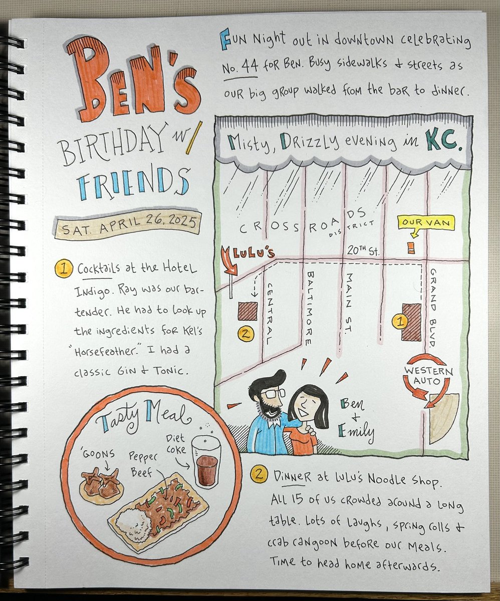 Page from April 26, 2025. We celebrated my best bud Ben’s birthday this weekend. Big laughs, tasty food and warm friends were the coolest part of this special day!
