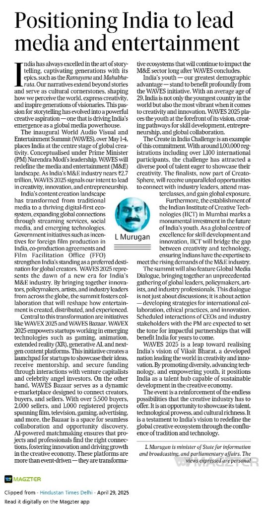 Check out this insightful article in <a href="/htTweets/">Hindustan Times</a> : Positioning India to Lead Media and Entertainment.

<a href="/WAVESummitIndia/">WAVES India</a>
<a href="/MIB_India/">Ministry of Information and Broadcasting</a> 

#WAVES2025