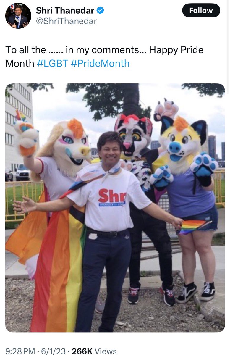 OliLondonTV's tweet image. Democrat Rep. Shri Thanedar, who is seeking to impeach Trump, previously posed with group of ‘furries’ and LGBTQI+ activists who identify as animals during a Pride parade.