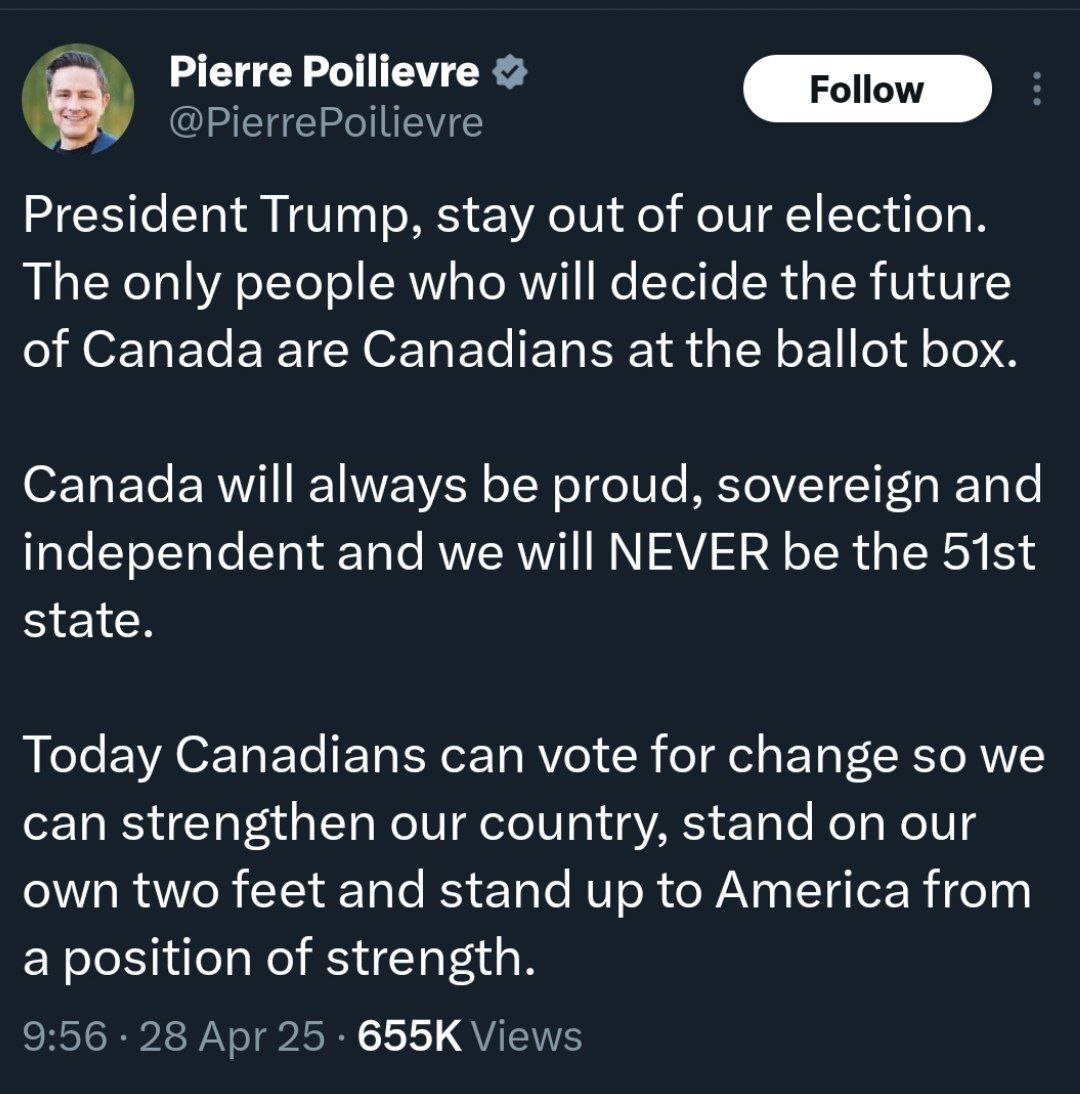 🇨🇦Canada is truly finished: Conservative candidate attacks Trump, vows to stand up to America

Pierre Poilievre, the Conservative candidate in Canada's election, responded to 🔗President Trump's call for Canadians to vote for the man who would make Canada the 51st U.S. state