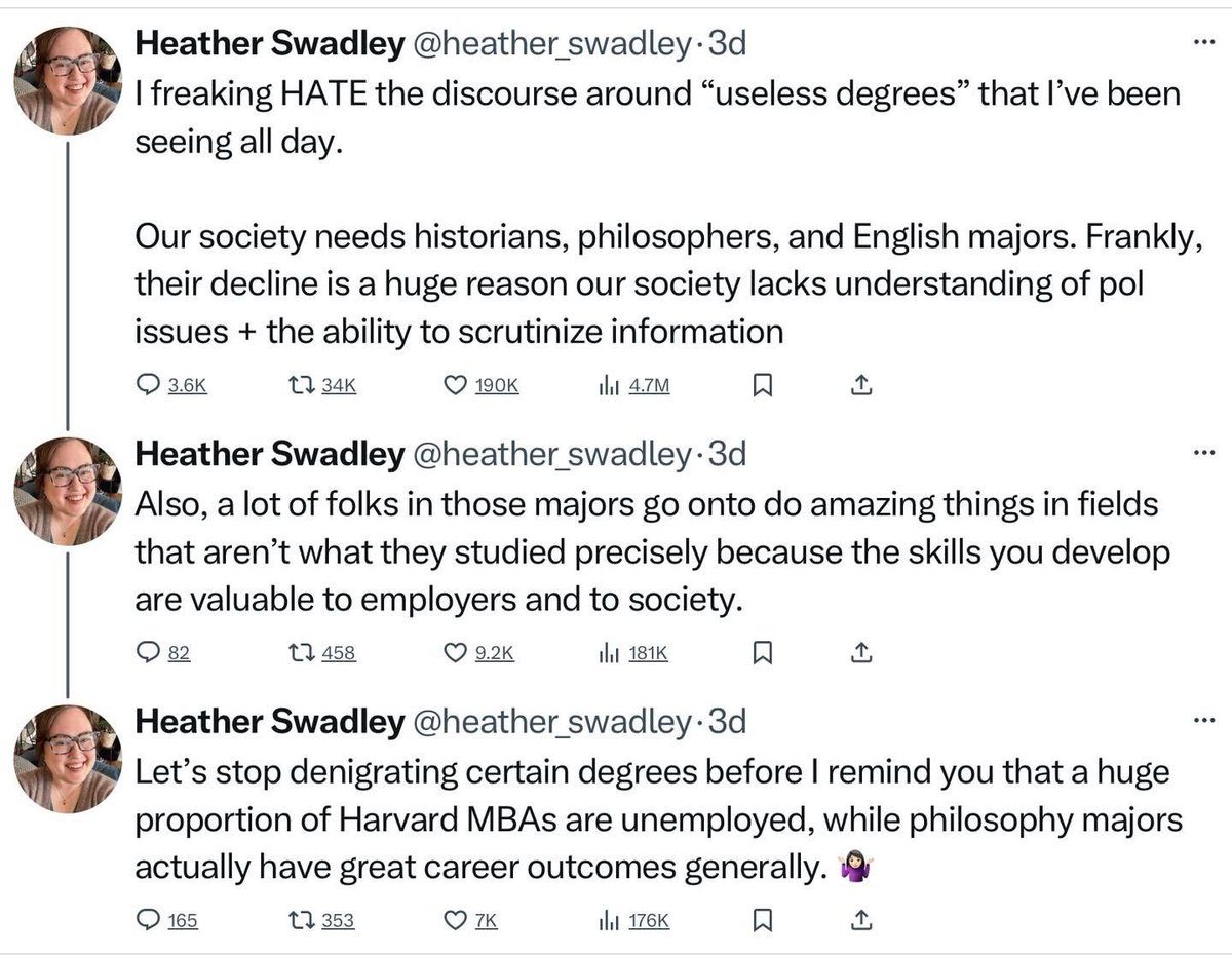 Reminder: Critical thinking isn’t a ‘useless skill’—and neither are the degrees that teach it. Shoutout to the historians, philosophers, and English majors keeping society semi-functional!