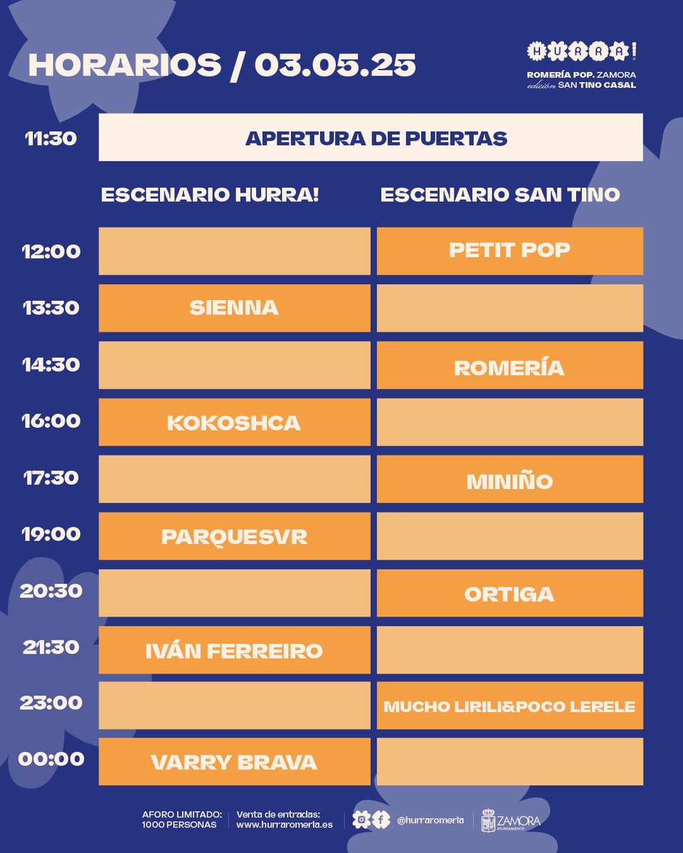 ⏰ HURRA! 2025 | HORARIOS ⏰

Esto arranca en un periquete y aquí tenéis la info de las actuaciones para que no os perdáis nada en #RomeriaPopHurra 

🎟️Últimas entradas a la venta en hurraromeria.es