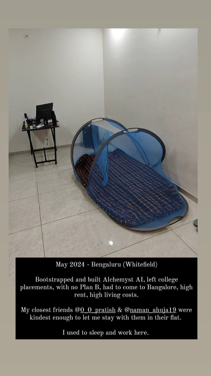 uttaranxnayak's tweet image. I skipped college placements and moved to Bangalore to build something of my own in AI.
Couldn’t afford rent, so my friends gave me space, and this was both my bed and my desk.

Today, our AI company has built multiple AI agents that power real businesses.
From borrowed…