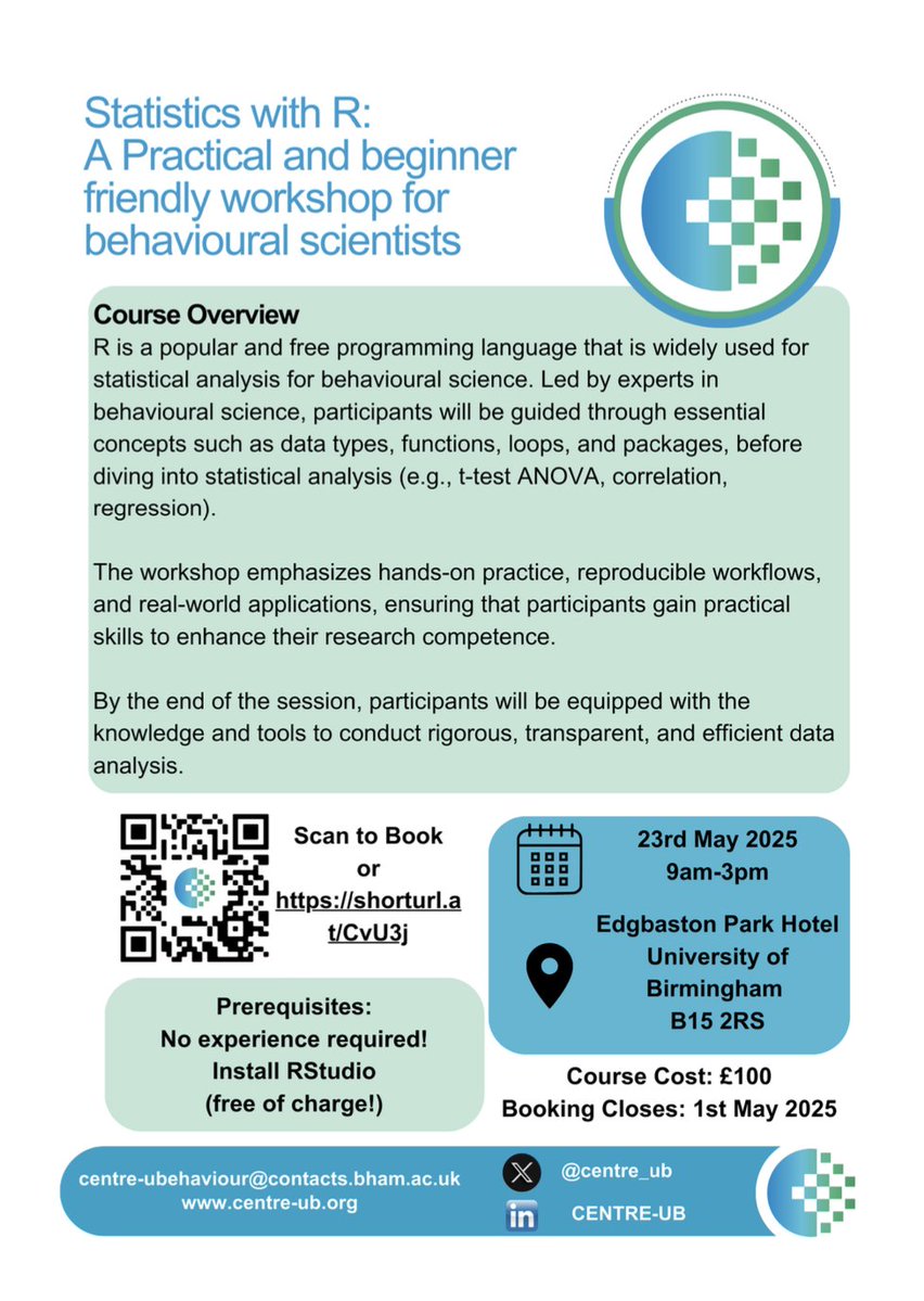 Feel like you should know more stats but don't know where to start? Hearing people talking about "R" and feeling out of the loop? Centre-UB has the course for you! Come and join our Beginners R course, now at the lower rate of just £100! 
Sign up now! tiny.cc/793i001