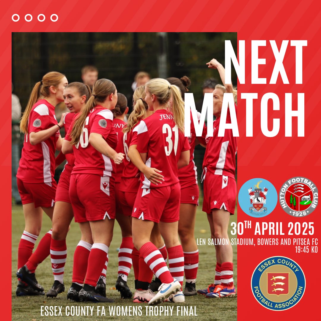 Attention turns to tomorrow night under the lights 👀 

We are in our first final of the season against Brentwood Town FC Ladies, trying to secure our 2nd trophy in 4 days

📍Len Salmon Stadium, Bowers and Pitsea FC 
🕢19:45 KO
🏆Essex County FA Womens Trophy 

Come on Hutton ❤️
