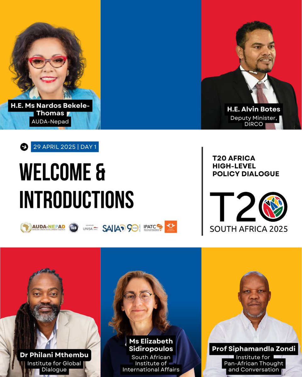 T20 South Africa (@t20org) on Twitter photo Opening remarks from <a href="/nardosbthomas/">Nardos BEKELE-THOMAS</a>, <a href="/M_Philani/">Philani Mthembu</a>, <a href="/Siderop/">Elizabeth Sidiropoulos</a> and Prof Siphamandla Zondi.
We're also honoured to have <a href="/DIRCO/">Dirco Roos</a> Deputy Minister <a href="/AlvinBotes74959/">Alvin Botes</a> join us this morning.
#T20Africa <a href="/SAIIA_info/">South African Institute of International Affairs</a> <a href="/IGD_SA/">IGD</a> <a href="/ujipatc/">Institute for Pan-African Thought and Conversation</a> <a href="/NEPAD_Agency/">AUDA-NEPAD</a> Opening remarks from <a href="/nardosbthomas/">Nardos BEKELE-THOMAS</a>, <a href="/M_Philani/">Philani Mthembu</a>, <a href="/Siderop/">Elizabeth Sidiropoulos</a> and Prof Siphamandla Zondi.
We're also honoured to have <a href="/DIRCO/">Dirco Roos</a> Deputy Minister <a href="/AlvinBotes74959/">Alvin Botes</a> join us this morning.
#T20Africa <a href="/SAIIA_info/">South African Institute of International Affairs</a> <a href="/IGD_SA/">IGD</a> <a href="/ujipatc/">Institute for Pan-African Thought and Conversation</a> <a href="/NEPAD_Agency/">AUDA-NEPAD</a>