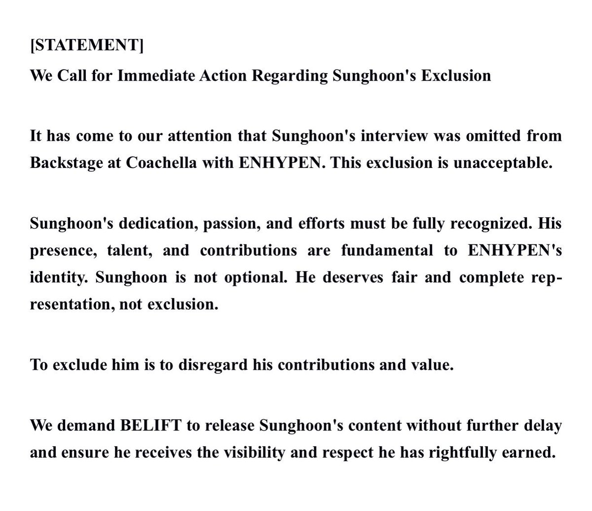 pshdormancy1208's tweet photo. [STATEMENT] 250429
We Call for Immediate Action Regarding Sunghoon's Exclusion

We demand BELIFT release Sunghoon's contents immediately. He deserves visibility and respect. @BELIFTLAB 

BELIFT RESPECT SUNGHOON
#WeSTANDwithSUNGHOON
#항상_성훈이를_지켜줄게
#BELIFTRespectSUNGHOON https://t.co/siLnvPMnYe