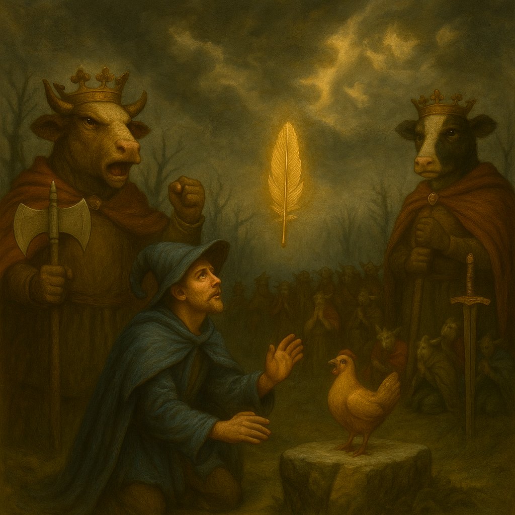 As the feather rose untouched, kingdoms trembled — one cow shouted for order, the other stood for fate, while Questor and the chicken awaited judgment not of beasts, but of destiny itself.