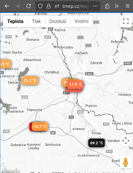 UzJenMartin's tweet photo. Koukám, že u Třince je fakt hic :D
To je tak, když do veřejných map zaneseš teplotu domácího boileru :) https://t.co/8vgzkK5i93