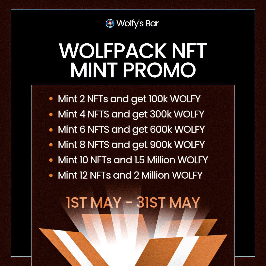 guy364364's tweet photo. ๐ Wolfpack NFT Mint Promo Alert! ๐บ
Join the pack at Wolfy's Bar and grab your NFTs between May 1st and May 31st to earn massive WOLFY rewards!
Donโt miss out! ๐พ
MINT๐ https://t.co/ora4JUK5tp
#WolfpackNFT #MintPromo #WOLFY https://t.co/k5kldNUPqM