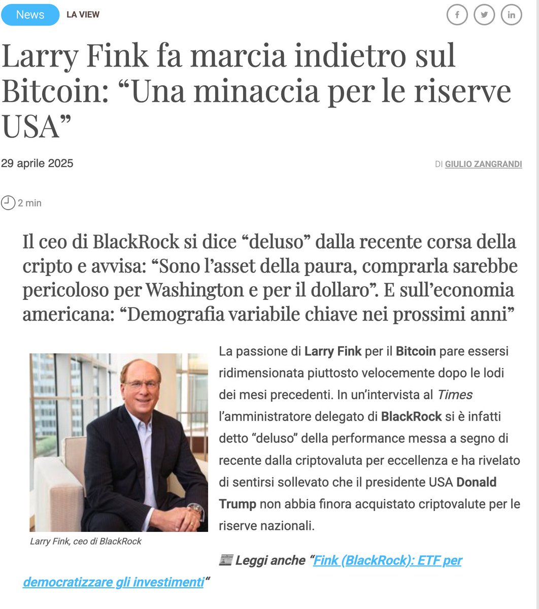 ggcripto's tweet photo. La stampa italiana di nuovo at its finest. Dichiarazioni completamente inventate di Larry Fink. 

Complimenti a tal Giulio Zagrandi https://t.co/OIngq4bfTu